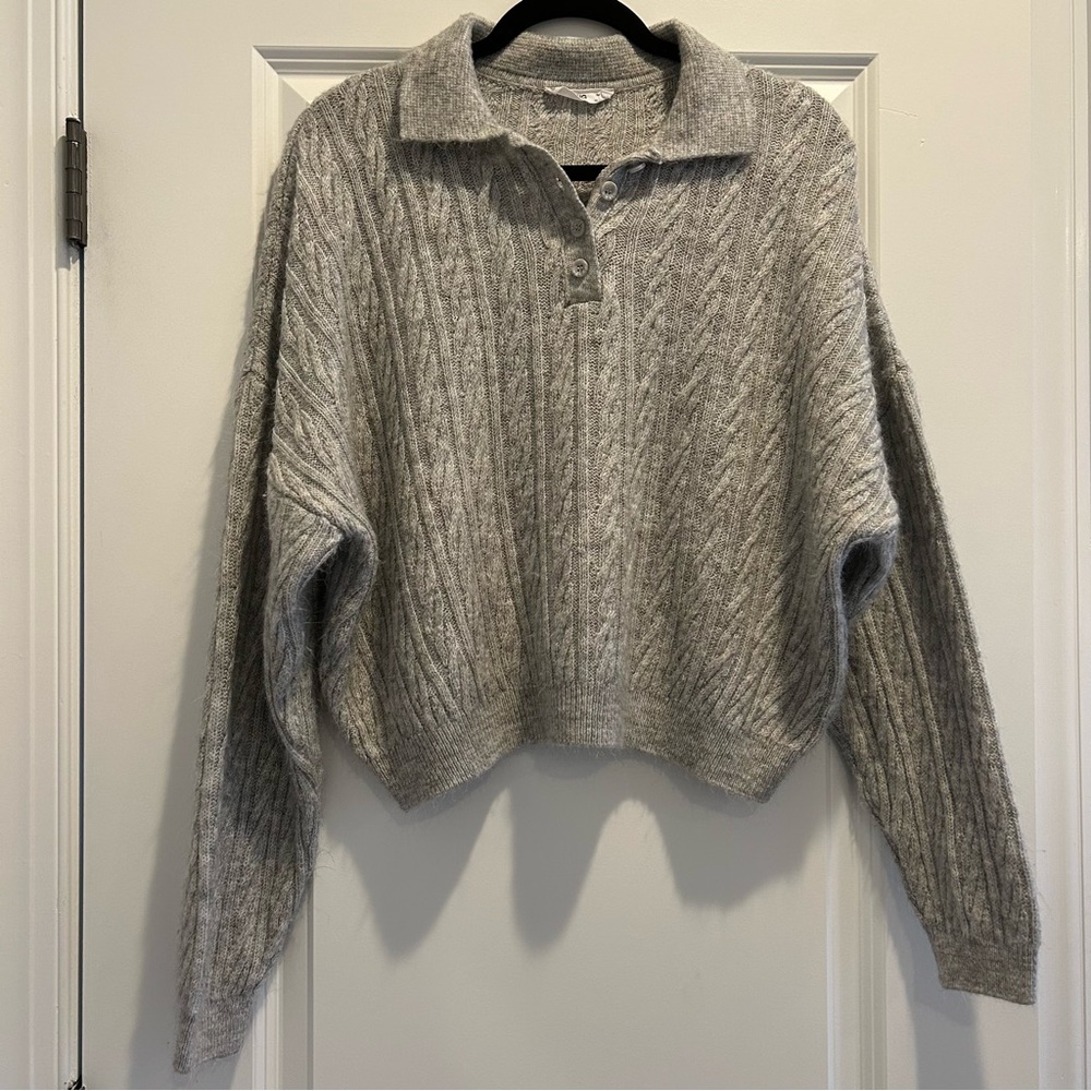 Mango MNG Gray Cable Knit Collared Polo Button Up Sweater